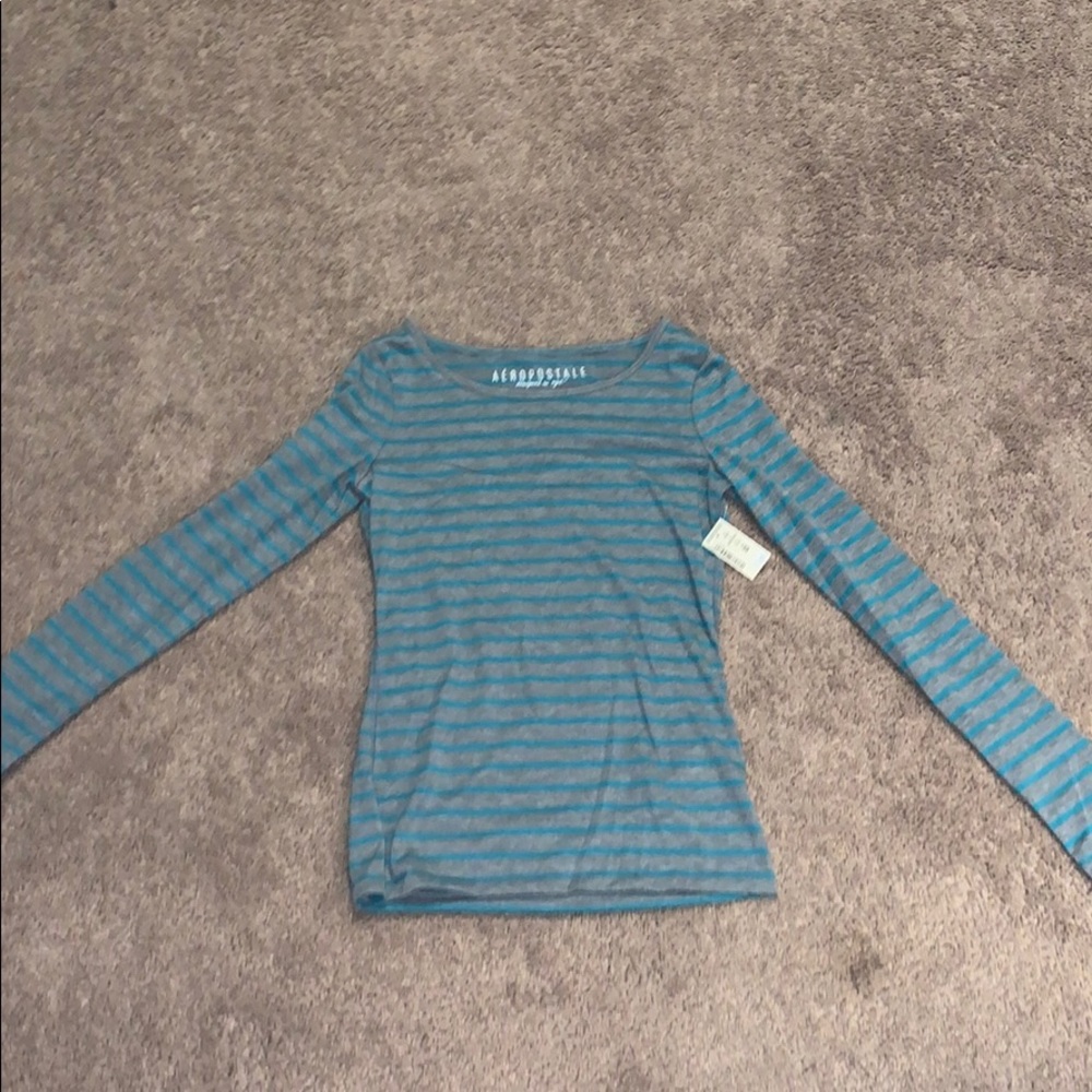 Blue and grey striped long sleeve shirt